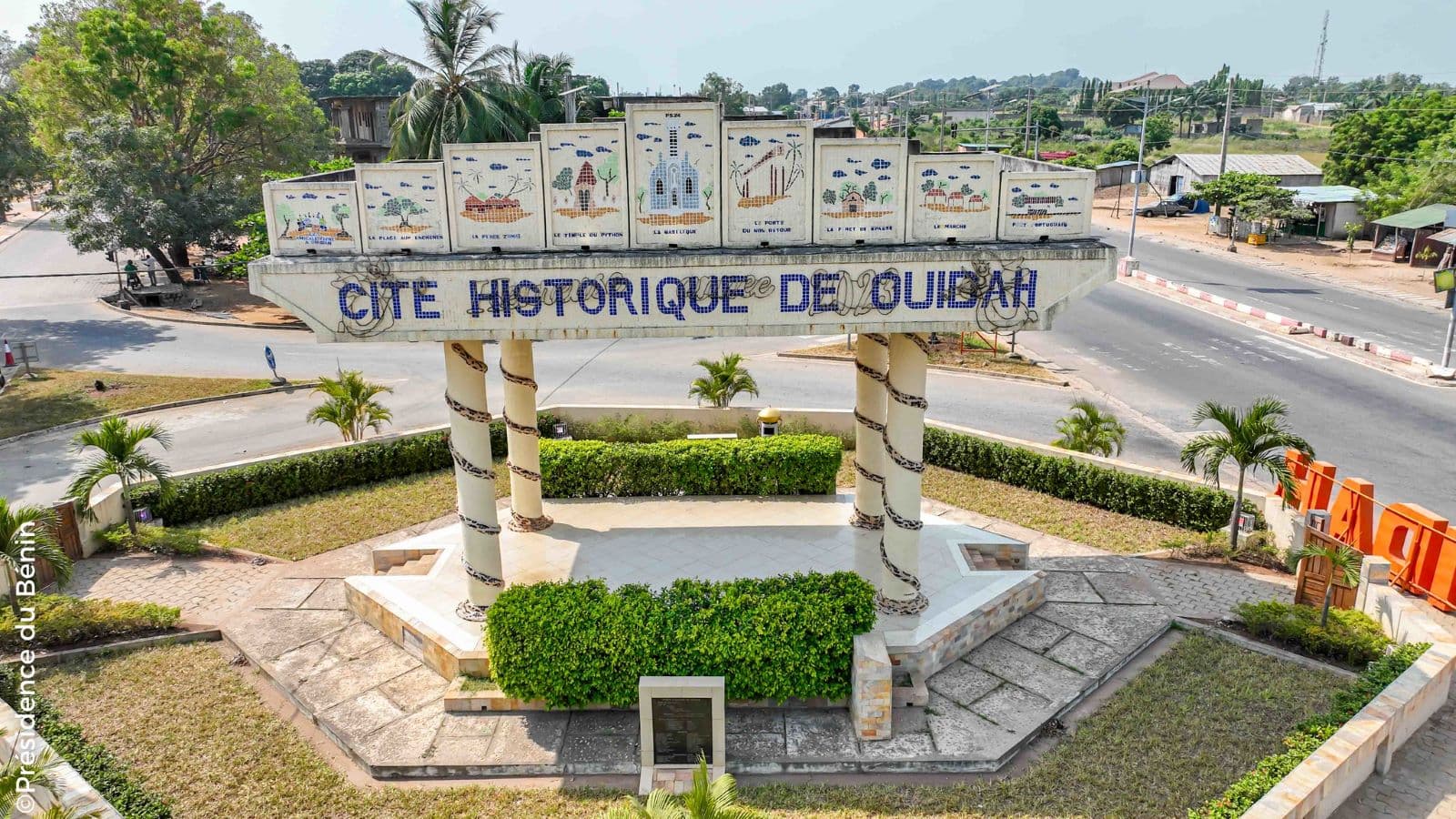 Aerial view of the entrance to the city of Ouidah