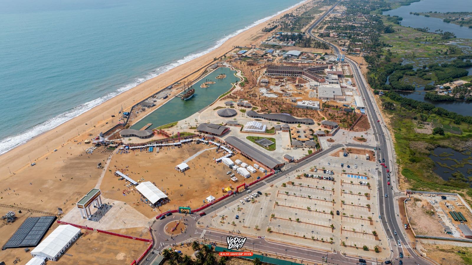 Aerial view of Ouidah beach during Vodun Days 2026, showing the scale of the gathering