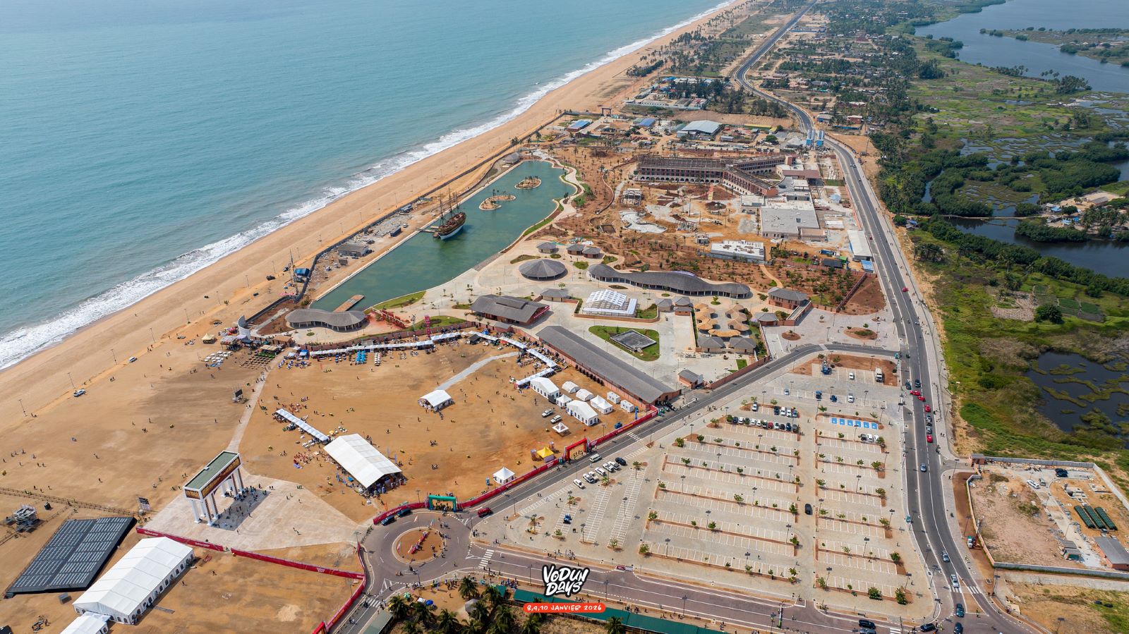 Aerial view of Ouidah beach during Vodun Days 2026, showing the scale of the gathering